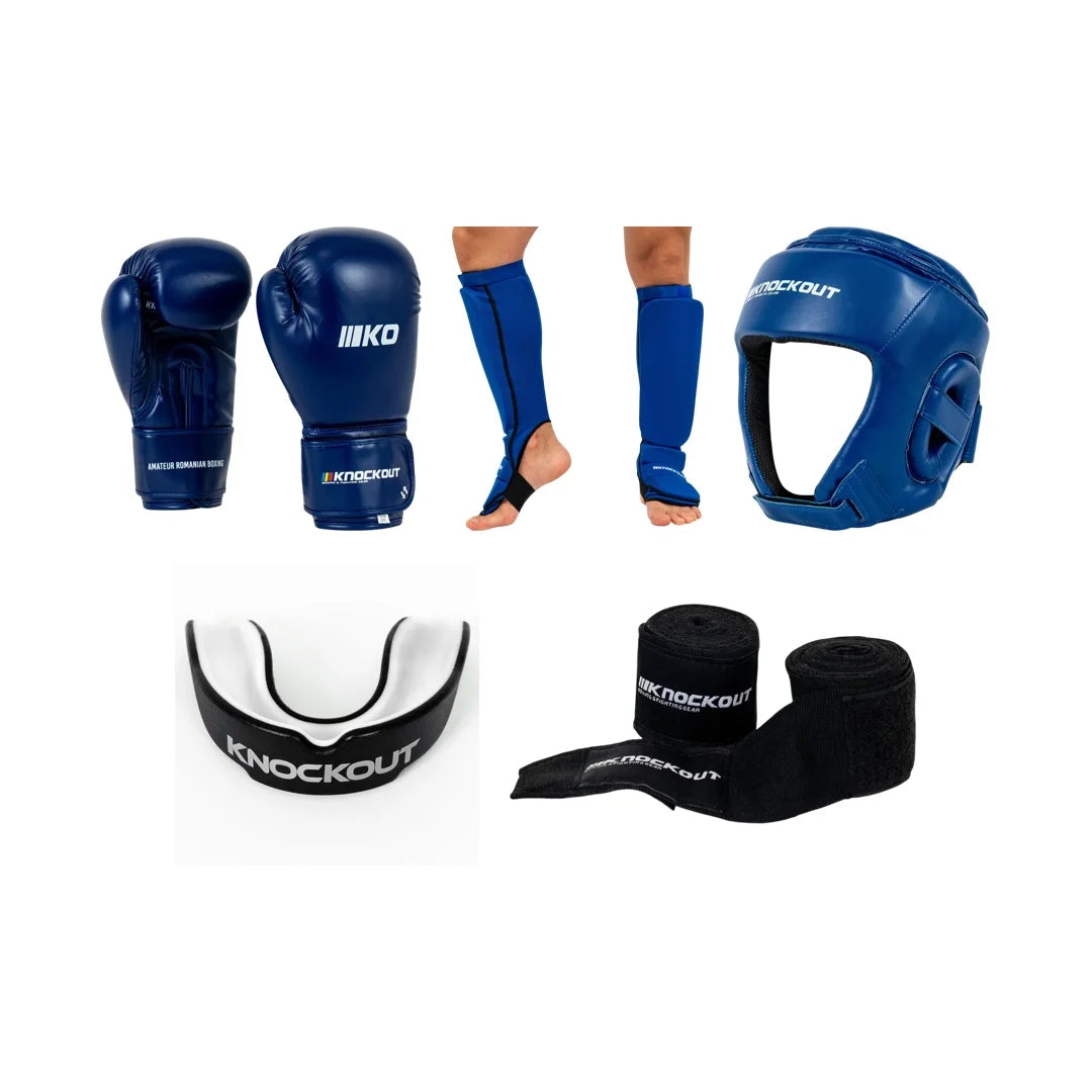 Pachet Competitie Kickbox Albastru: Manusi + Tibiere + Casca + Proteza + CADOU Bandaje | knock-out.ro