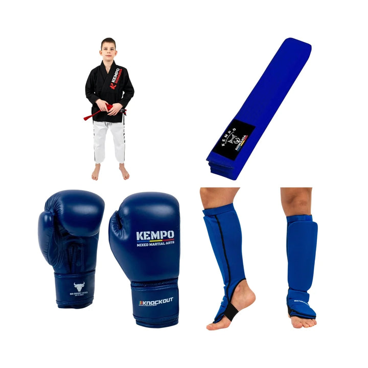 Pachet Kempo Copii Albastru: Kimono + Centura + Manusi + Tibiere | knock-out.ro