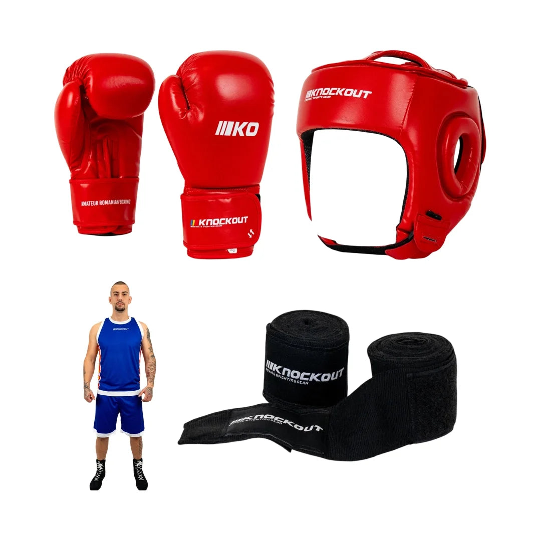 Pachet Box Competition Rosu: Manusi + Casca + Set Reversibil + CADOU Bandaje 3m | knock-out.ro