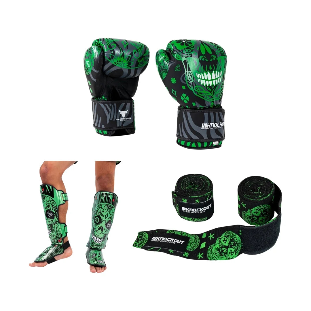 Pachet Skull Verde: Manusi + Tibiere + CADOU Bandaje 4.5m | knock-out.ro