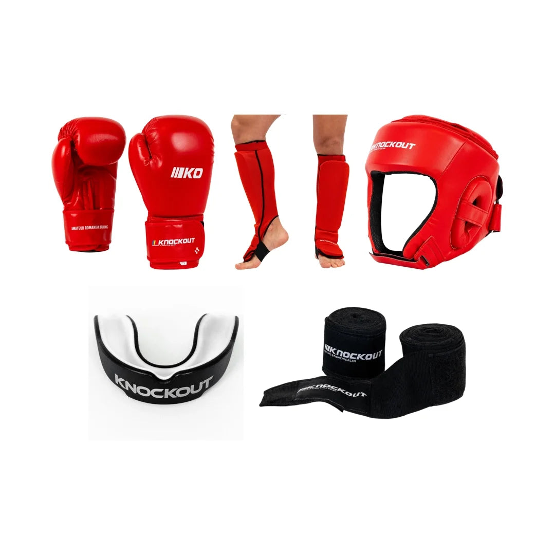 Pachet Competitie Kickbox Rosu: Manusi + Tibiere + Casca + Proteza + CADOU Bandaje | knock-out.ro
