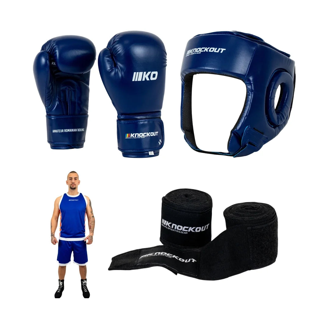 Pachet Box Competition Albastru: Manusi + Casca + Set Reversibil + CADOU Bandaje 3m | knock-out.ro