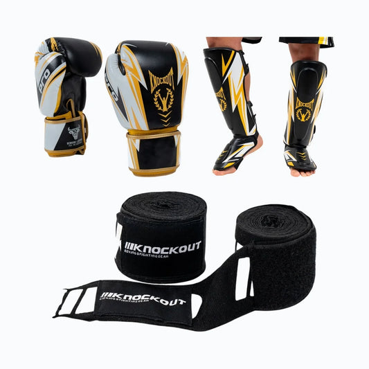 Pachet Pro Sparring: Manusi + Tibiere + Bandaje KO 4.5m CADOU