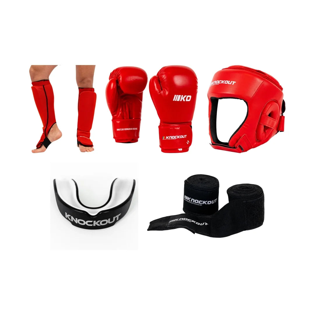 Pachet Competitie Kickbox Rosu: Manusi + Tibiere + Casca + Proteza + CADOU Bandaje | knock-out.ro