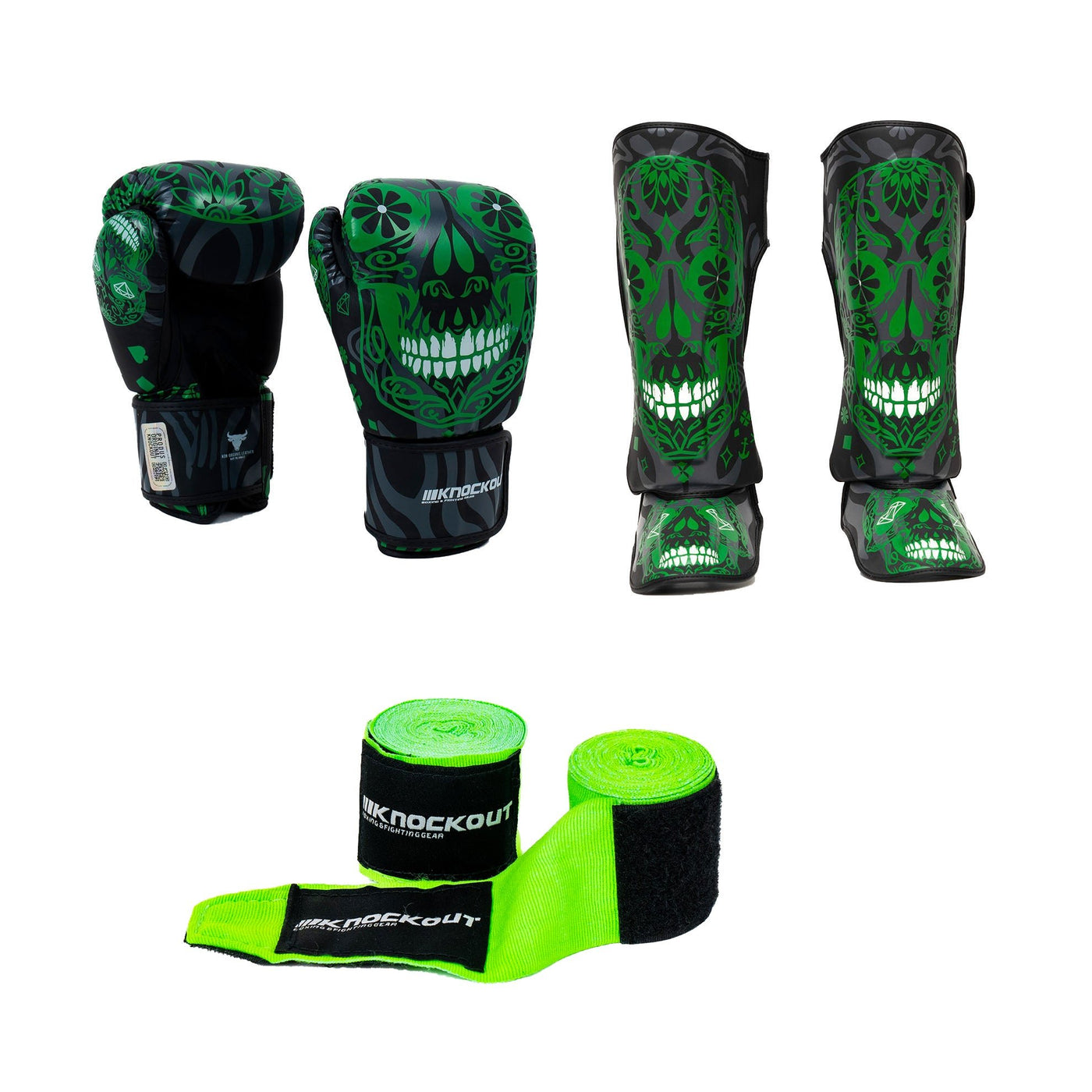 Skull Green pack: Manusi + Tibiere + Cadou Bandaje 3M Verde Neon | knock-out.ro