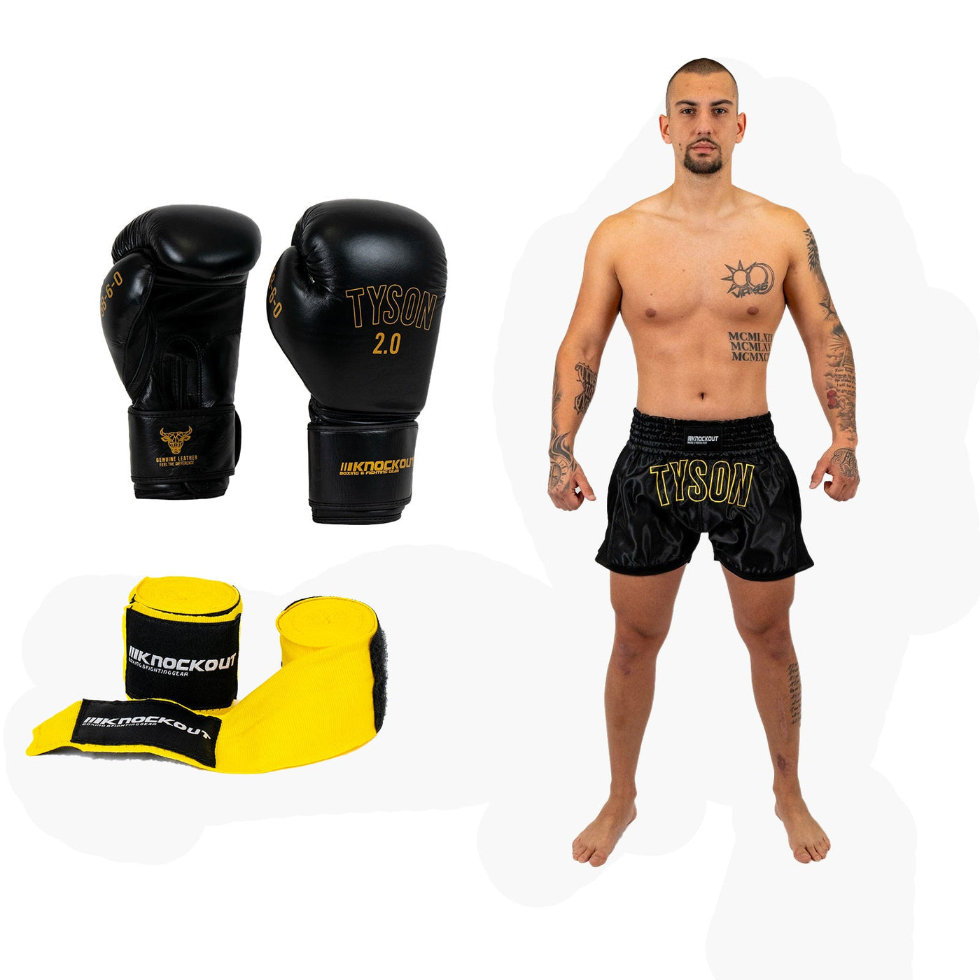 Pachet Tyson: Manusi box + Sort + CADOU Bandaje 3m  Galben | knock-out.ro